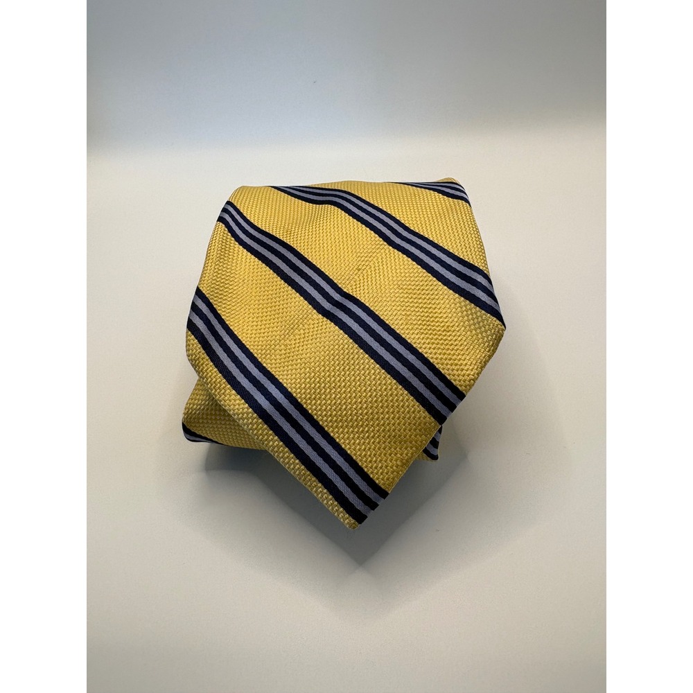 Chaps Mens Yellow Navy Blue Striped Silk Necktie Hand Made Classic Tie